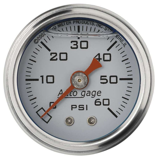 Pressure Gauge - Auto Gage - 0-60 psi - Mechanical - Analog - 1-1/2 in Diameter - Liquid Filled - 1/8 in NPT Port - White Face - Each