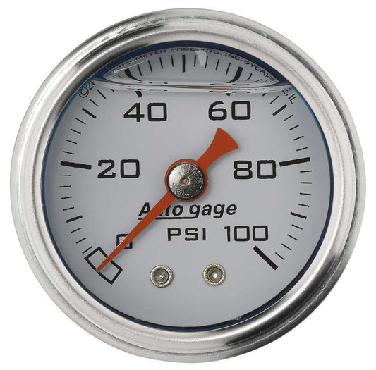 Pressure Gauge - Auto Gage - 0-100 psi - Mechanical - Analog - 1-1/2 in Diameter - Liquid Filled - 1/8 in NPT Port - White Face - Each