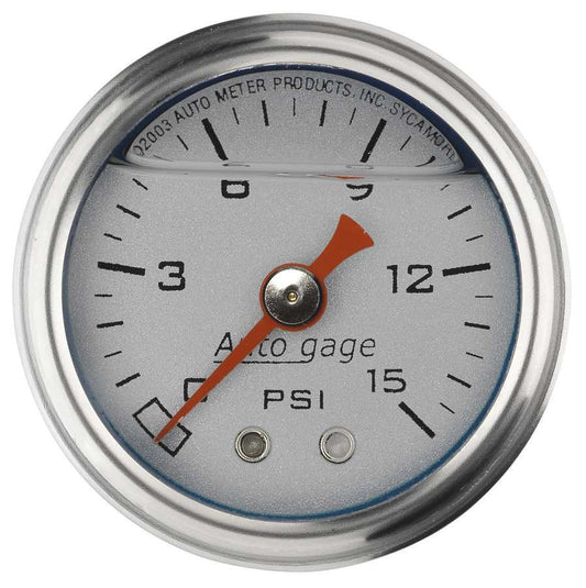 Pressure Gauge - Auto Gage - 0-15 psi - Mechanical - Analog - 1-1/2 in Diameter - Liquid Filled - 1/8 in NPT Port - Silver Face - Each