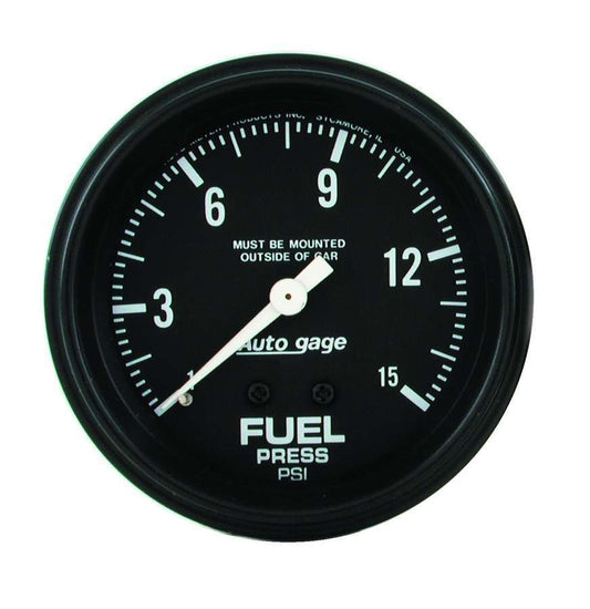 Fuel Pressure Gauge - Auto Gage - 0-15 psi - Mechanical - Analog - Full Sweep - 2-5/8 in Diameter - Black Face - Each