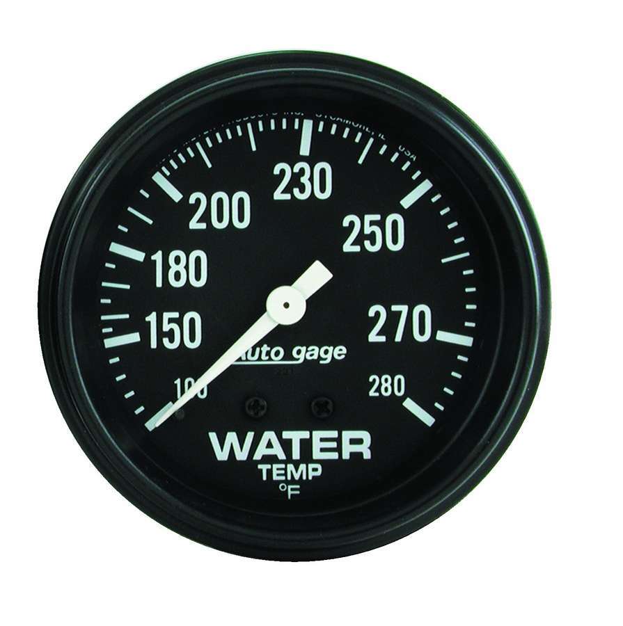 Water Temperature Gauge - Auto Gage - 100-280 Degree F - Mechanical - Analog - Full Sweep - 2-5/8 in Diameter - Black Face - Each