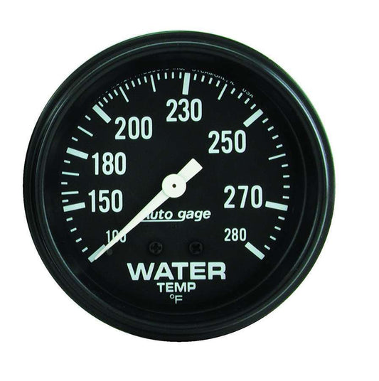 Water Temperature Gauge - Auto Gage - 100-280 Degree F - Mechanical - Analog - Full Sweep - 2-5/8 in Diameter - Black Face - Each