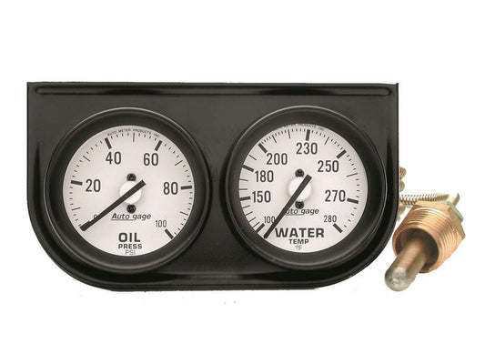 Gauge Panel Assembly - Auto Gage - Analog - Oil Pressure / Water Temperature - 2-1/16 in Diameter - White Face - Kit