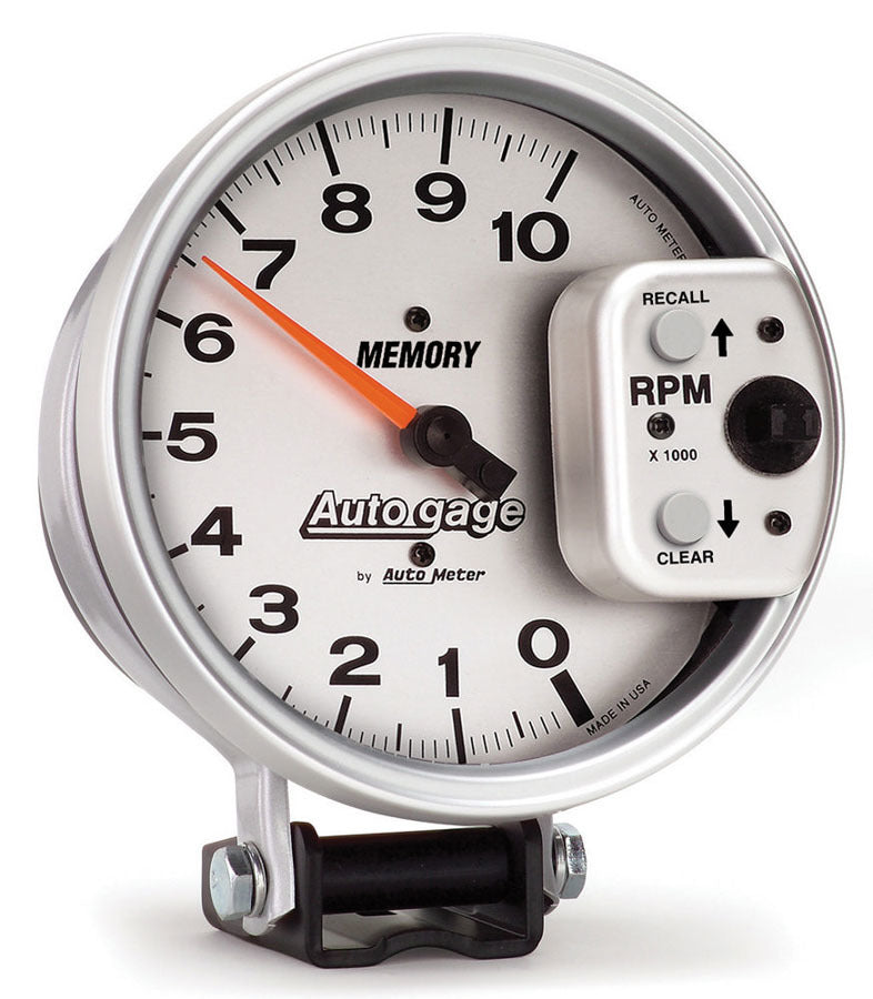Tachometer - Auto Gage - 10000 RPM - Electric - Analog - 5 in Diameter - Pedestal Mount - Memory - White Face - Each