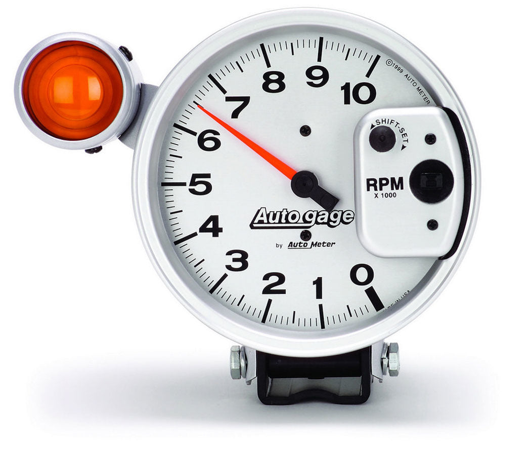 Tachometer - Auto Gage - 10000 RPM - Electric - Analog - 5 in Diameter - Pedestal Mount - Shift Light - Silver Face - Each