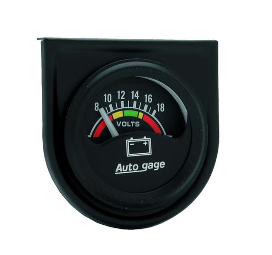 Voltmeter - Auto Gage - 8-18V - Electric - Analog - Short Sweep - 1-1/2 in Diameter - Panel Mounted - Black Face - Each