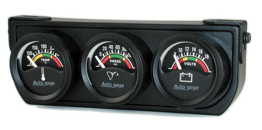 Gauge Panel Assembly - Auto Gage - Analog - Oil Pressure / Voltmeter / Water Temperature - 1-1/2 in Diameter - Black Face - Kit