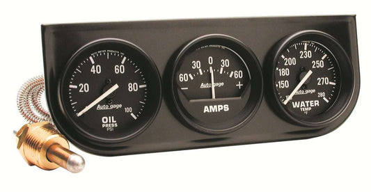 Gauge Panel Assembly - Auto Gage - Analog - amps / Oil Pressure / Water Temperature - 2-1/16 in Diameter - Black Face - Kit