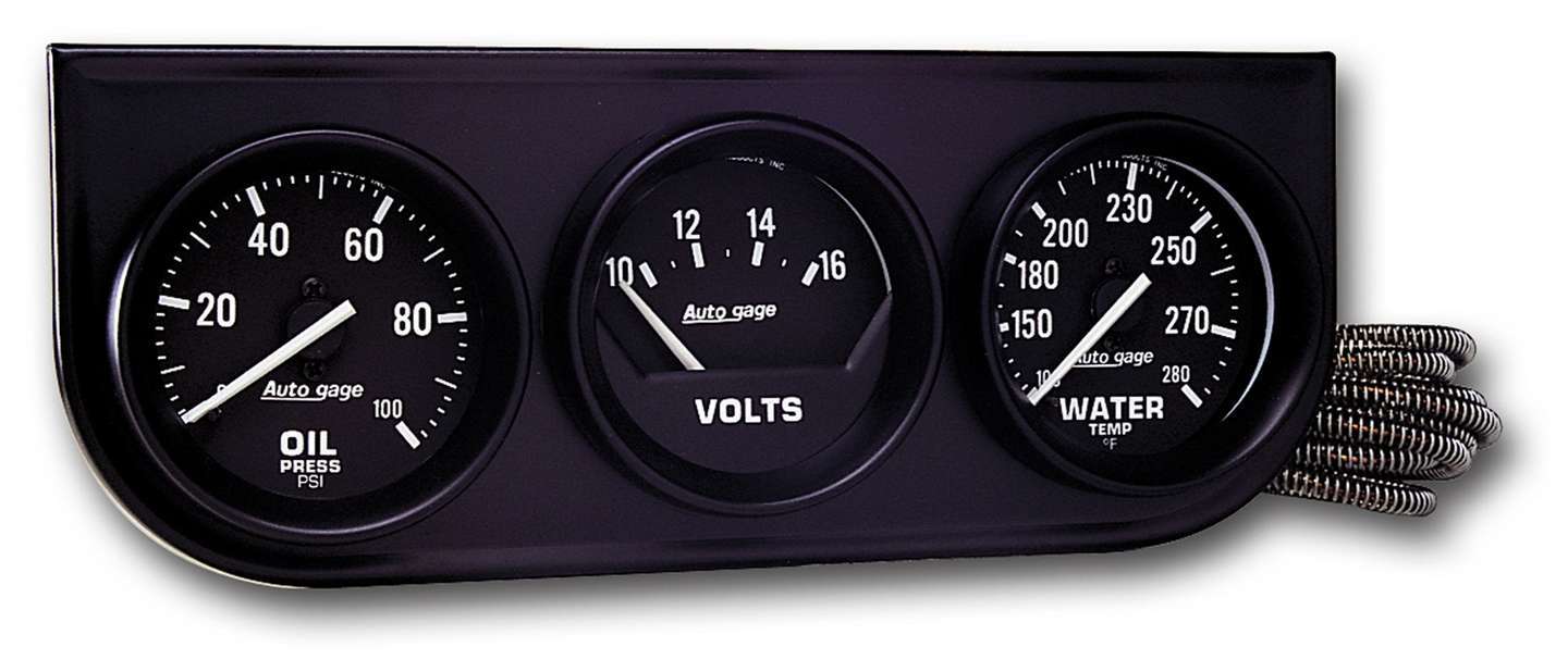 Gauge Panel Assembly - Auto Gage - Analog - Oil Pressure / Voltmeter / Water Temperature - 2-1/16 in Diameter - Black Face - Kit