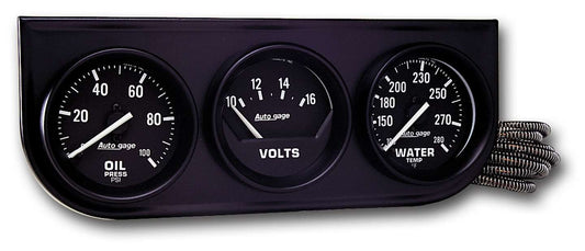 Gauge Panel Assembly - Auto Gage - Analog - Oil Pressure / Voltmeter / Water Temperature - 2-1/16 in Diameter - Black Face - Kit
