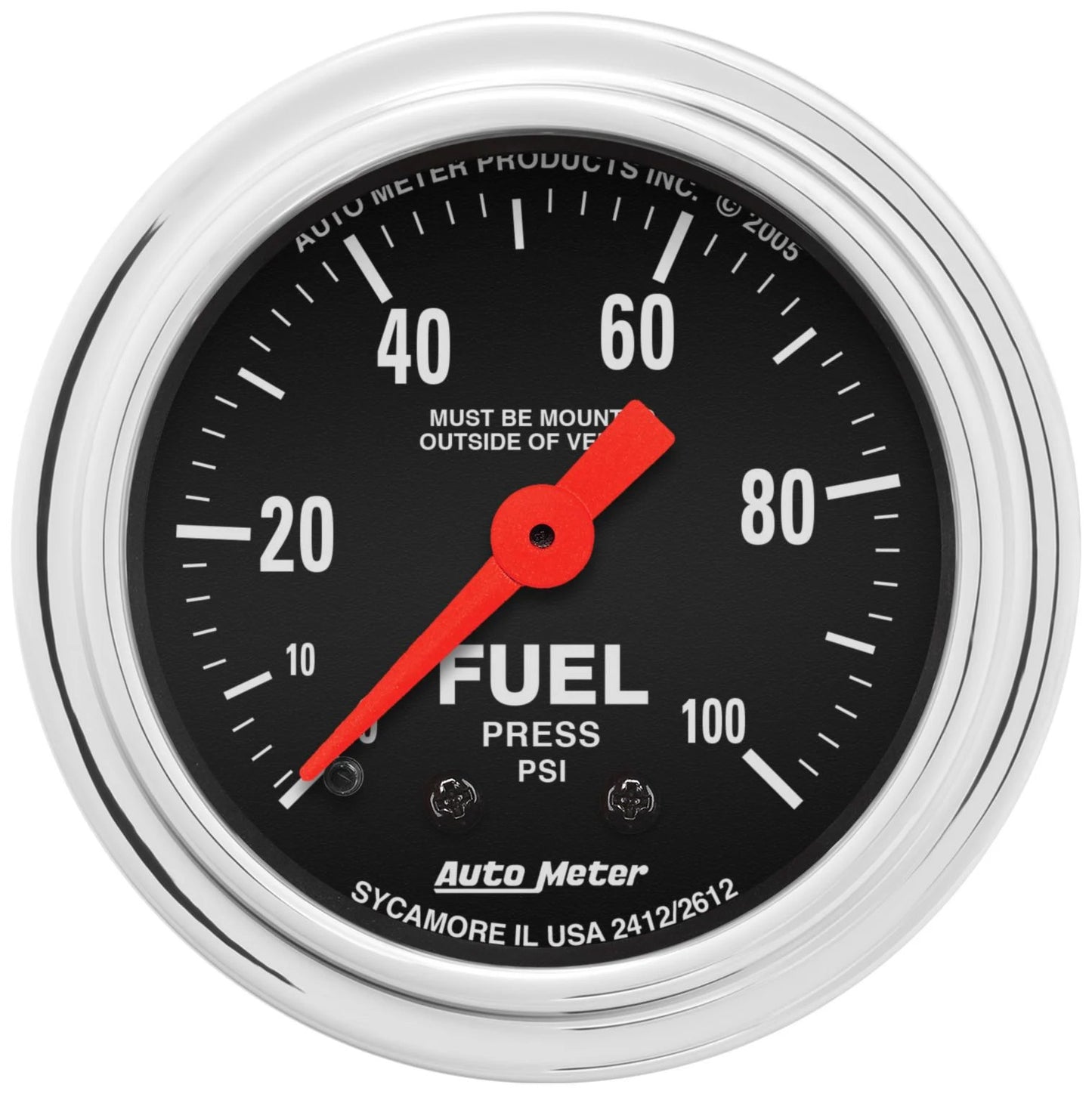 Fuel Pressure Gauge - Traditional Chrome - 0-100 psi - Mechanical - Analog - Full Sweep - 2-1/16 in Diameter - Black Face - Each