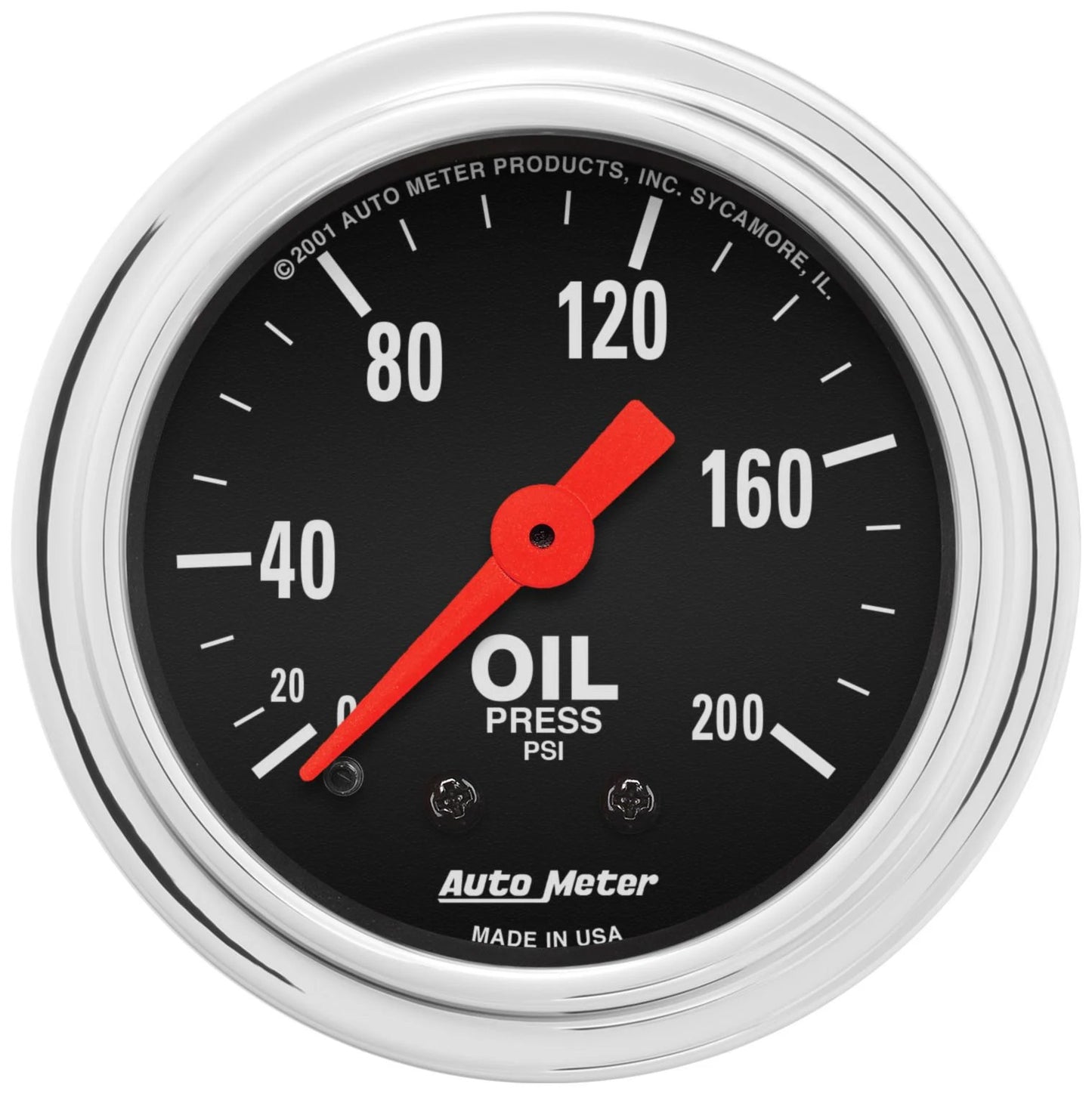 Oil Pressure Gauge - Traditional Chrome - 0-200 psi - Mechanical - Analog - Full Sweep - 2-1/16 in Diameter - Black Face - Each