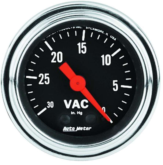 Vacuum Gauge - Traditional Chrome - 0-30 in HG - Mechanical - Analog - 2-1/16 in Diameter - Black Face - Each