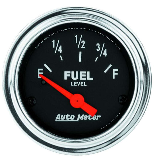 Fuel Level Gauge - Traditional Chrome - 0-90 ohm - Electric - Analog - Short Sweep - 2-1/16 in Diameter - Black Face - Each