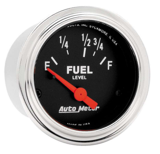Fuel Level Gauge - Traditional Chrome - 73-10 ohm - Electric - Analog - Short Sweep - 2-1/16 in Diameter - Black Face - Each