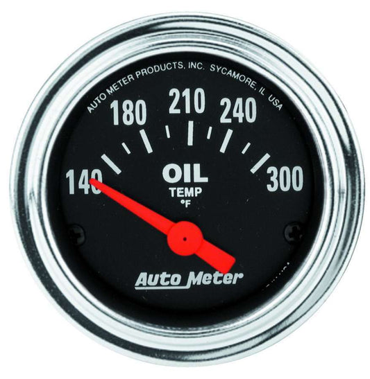 Oil Temperature Gauge - Traditional Chrome - 140-300 Degree F - Electric - Analog - Short Sweep - 2-1/16 in Diameter - Black Face - Each