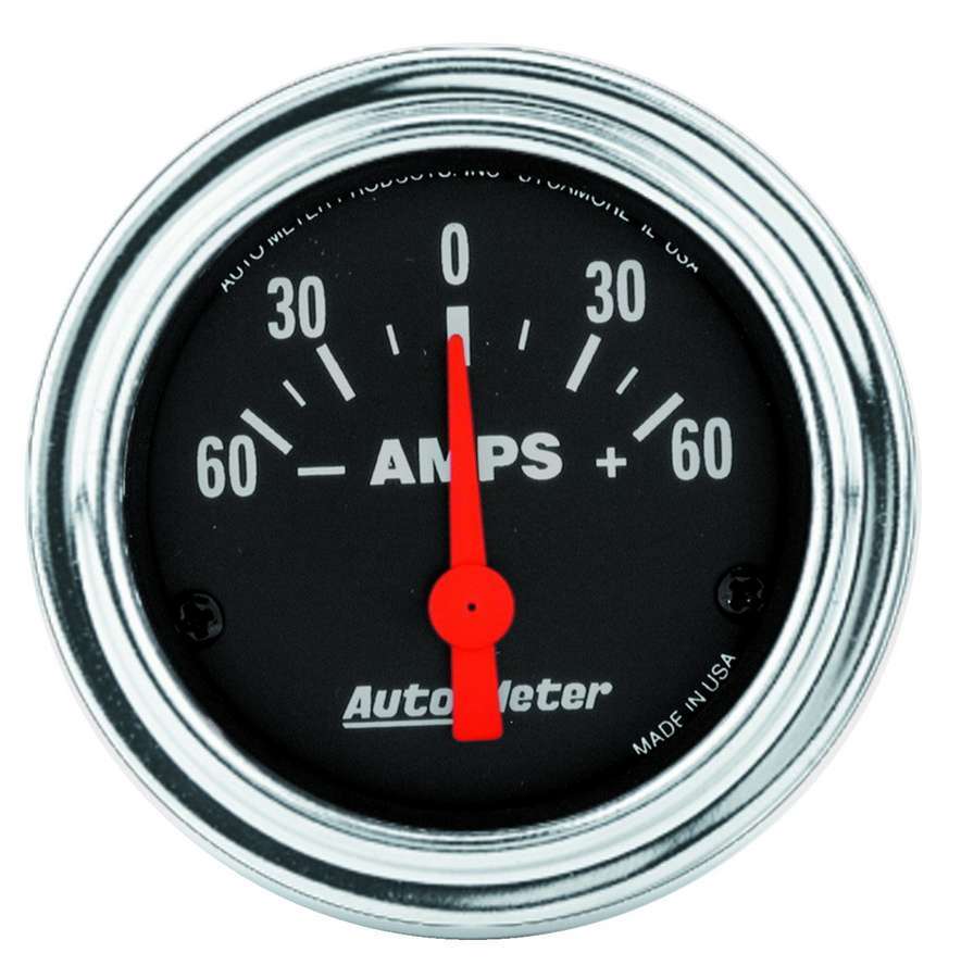Ammeter - Traditional Chrome - 60-0-60 amps - Electric - Analog - Short Sweep - 2-1/16 in Diameter - Black Face - Each