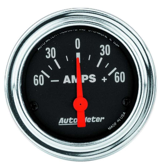 Ammeter - Traditional Chrome - 60-0-60 amps - Electric - Analog - Short Sweep - 2-1/16 in Diameter - Black Face - Each
