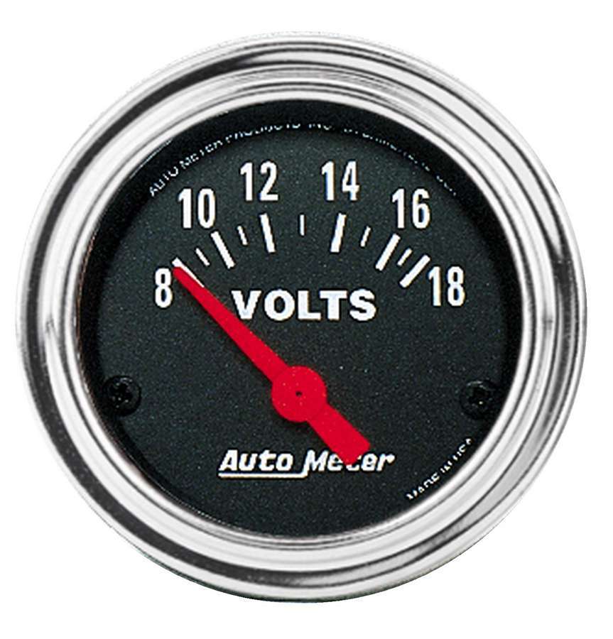 Voltmeter - Traditional Chrome - 8-18V - Electric - Analog - Short Sweep - 2-1/16 in Diameter - Black Face - Each