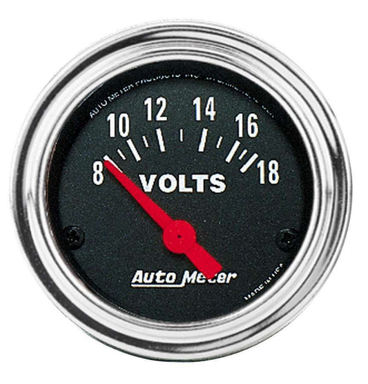 Voltmeter - Traditional Chrome - 8-18V - Electric - Analog - Short Sweep - 2-1/16 in Diameter - Black Face - Each