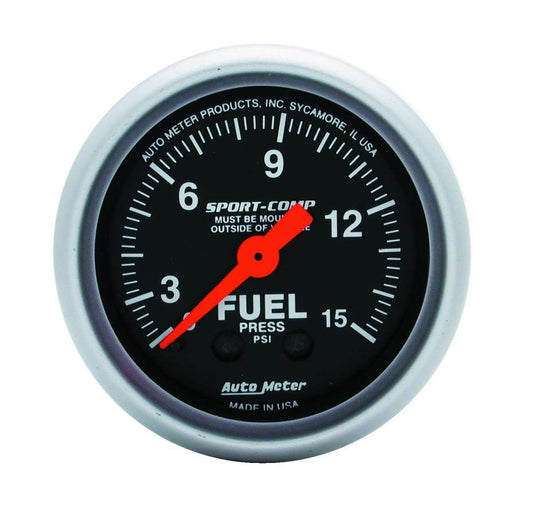 Fuel Pressure Gauge - Sport-Comp - 0-15 psi - Mechanical - Analog - Full Sweep - 2-1/16 in Diameter - Black Face - Each