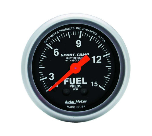 Fuel Pressure Gauge - Sport-Comp - 0-15 psi - Mechanical - Analog - Full Sweep - 2-1/16 in Diameter - Black Face - Each