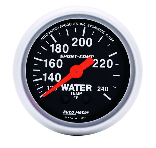 Water Temperature Gauge - Sport-Comp - 120-240 Degree F - Mechanical - Analog - Full Sweep - 2-1/16 in Diameter - Black Face - Each
