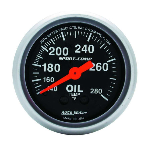 Oil Temperature Gauge - Sport-Comp - 140-280 Degree F - Mechanical - Analog - Full Sweep - 2-1/16 in Diameter - Black Face - Each