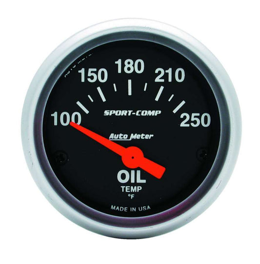 Oil Temperature Gauge - Sport Comp - 100-250 Degree F - Electric - Analog - Short Sweep - 2-1/16 in Diameter - Black Face - Each