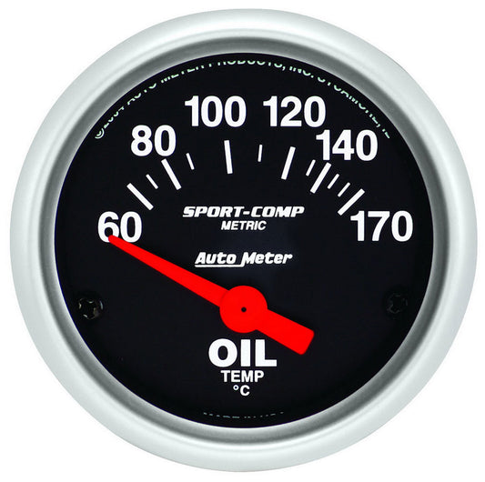 Oil Temperature Gauge - Sport-Comp - 60-170 Degree C - Electric - Analog - Short Sweep - 2-1/16 in Diameter - Black Face - Each