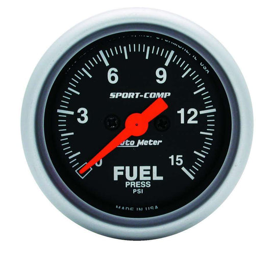 Fuel Pressure Gauge - Sport-Comp - 0-15 psi - Electric - Analog - Full Sweep - 2-1/16 in Diameter - Black Face - Each
