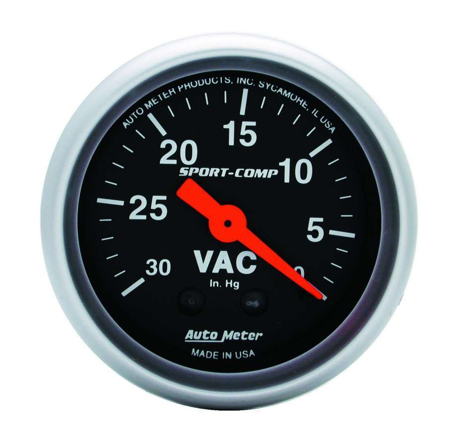 Vacuum Gauge - Sport-Comp - 0-30 in HG - Mechanical - Analog - 2-1/16 in Diameter - Black Face - Each