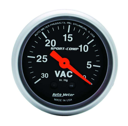 Vacuum Gauge - Sport-Comp - 0-30 in HG - Mechanical - Analog - 2-1/16 in Diameter - Black Face - Each