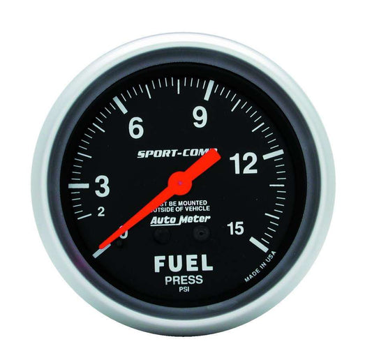 Fuel Pressure Gauge - Sport-Comp - 0-15 psi - Mechanical - Analog - Full Sweep - 2-5/8 in Diameter - Black Face - Each
