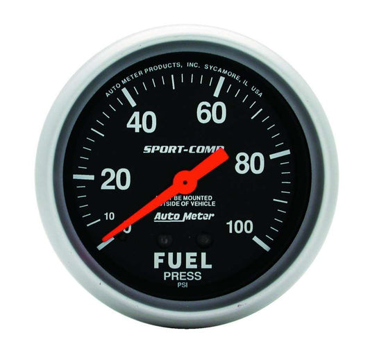 Fuel Pressure Gauge - Sport-Comp - 0-100 psi - Mechanical - Analog - Full Sweep - 2-5/8 in Diameter - Black Face - Each