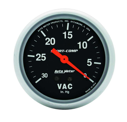 Vacuum Gauge - Sport-Comp - 0-30 in HG - Mechanical - Analog - 2-5/8 in Diameter - Black Face - Each