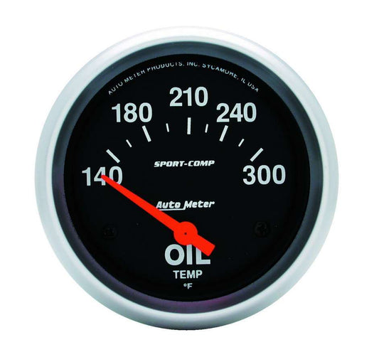Oil Temperature Gauge - Sport Comp - 140-300 Degree F - Electric - Analog - Short Sweep - 2-5/8 in Diameter - Black Face - Each