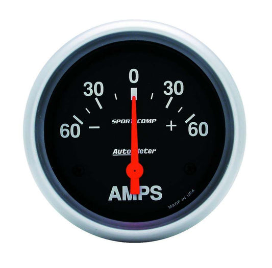 Ammeter - Sport-Comp - 60-0-60 amps - Electric - Analog - Short Sweep - 2-1/16 in Diameter - Black Face - Each