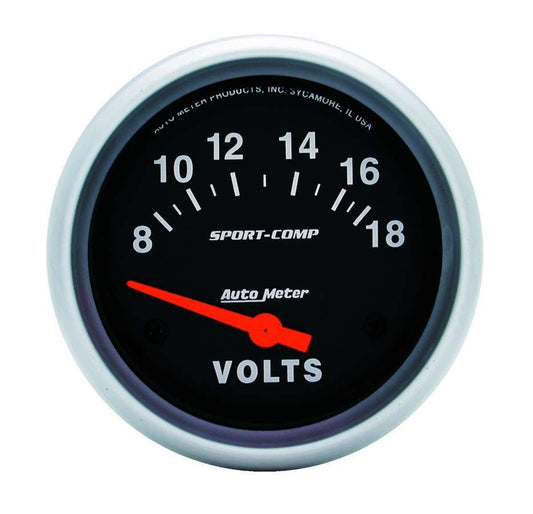 Voltmeter - Sport-Comp - 8-18V - Electric - Analog - Short Sweep - 2-5/8 in Diameter - Black Face - Each