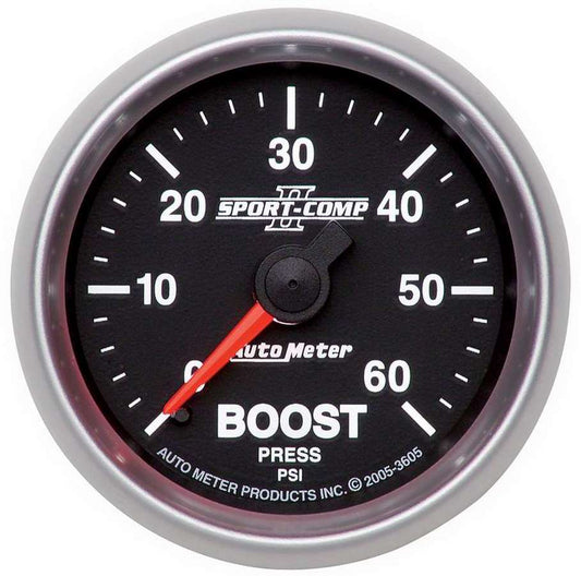 Boost Gauge - Sport-Comp II - 0-60 psi - Mechanical - Analog - 2-1/16 in Diameter - Black Face - Each