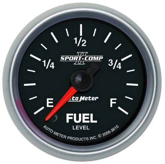 Fuel Level Gauge - Sport-Comp II - 0-280 ohm - Electric - Analog - Full Sweep - 2-1/16 in Diameter - Programmable - Black Face - Each