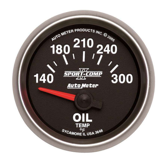 Oil Temperature Gauge - Sport-Comp II - 140-300 Degrees F - Electric - Analog - Short Sweep - 2-1/16 in Diameter - Black Face - Each