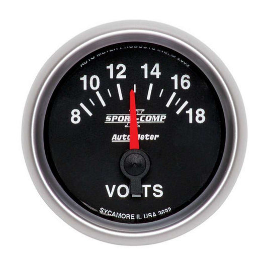 Voltmeter - Sport-Comp II - 8-18V - Electric - Analog - Short Sweep - 2-1/16 in Diameter - Black Face - Each