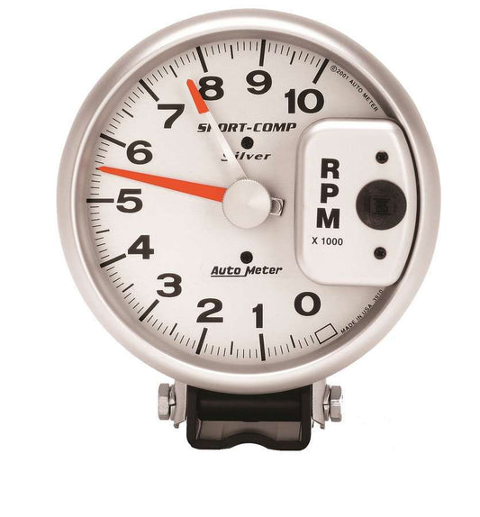 Tachometer - Ultra-Lite - 10000 RPM - Electric - Analog - 5 in Diameter - Pedestal Mount - Silver Face - Each