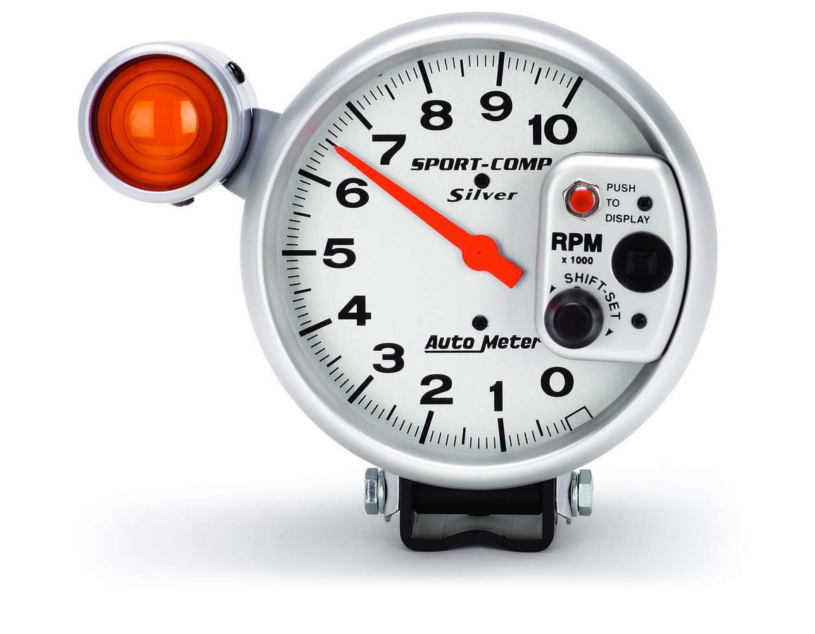 Tachometer - Ultra-Lite - 10000 RPM - Electric - Analog - 5 in Diameter - Pedestal Mount - Shift Light - Silver Face - Each