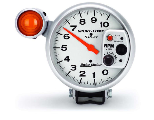 Tachometer - Ultra-Lite - 10000 RPM - Electric - Analog - 5 in Diameter - Pedestal Mount - Shift Light - Silver Face - Each