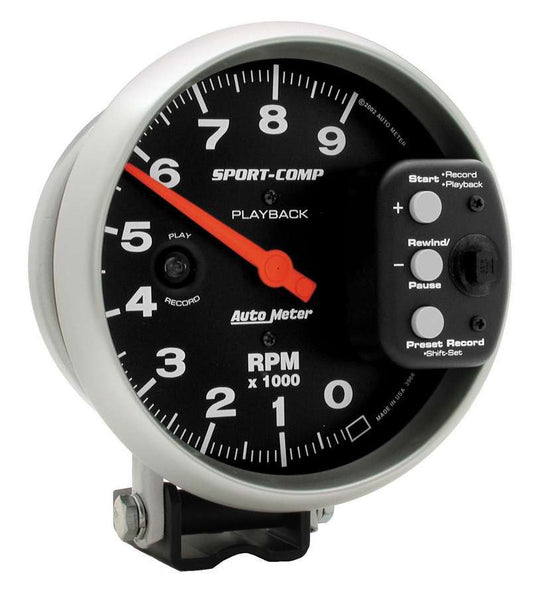 Tachometer - Sport-Comp - 9000 RPM - Electric - Analog - 5 in Diameter - Pedestal Mount - Playback - Black Face - Each