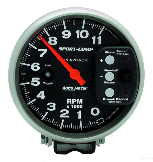 Tachometer - Sport-Comp - 11000 RPM - Electric - Analog - 5 in Diameter - Playback - Black Face - Each