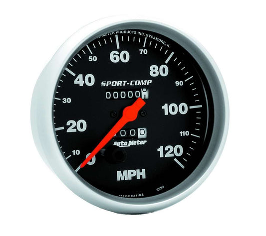 Speedometer - Sport-Comp - 120 MPH - Mechanical - Analog - 5 in Diameter - Black Face - Each
