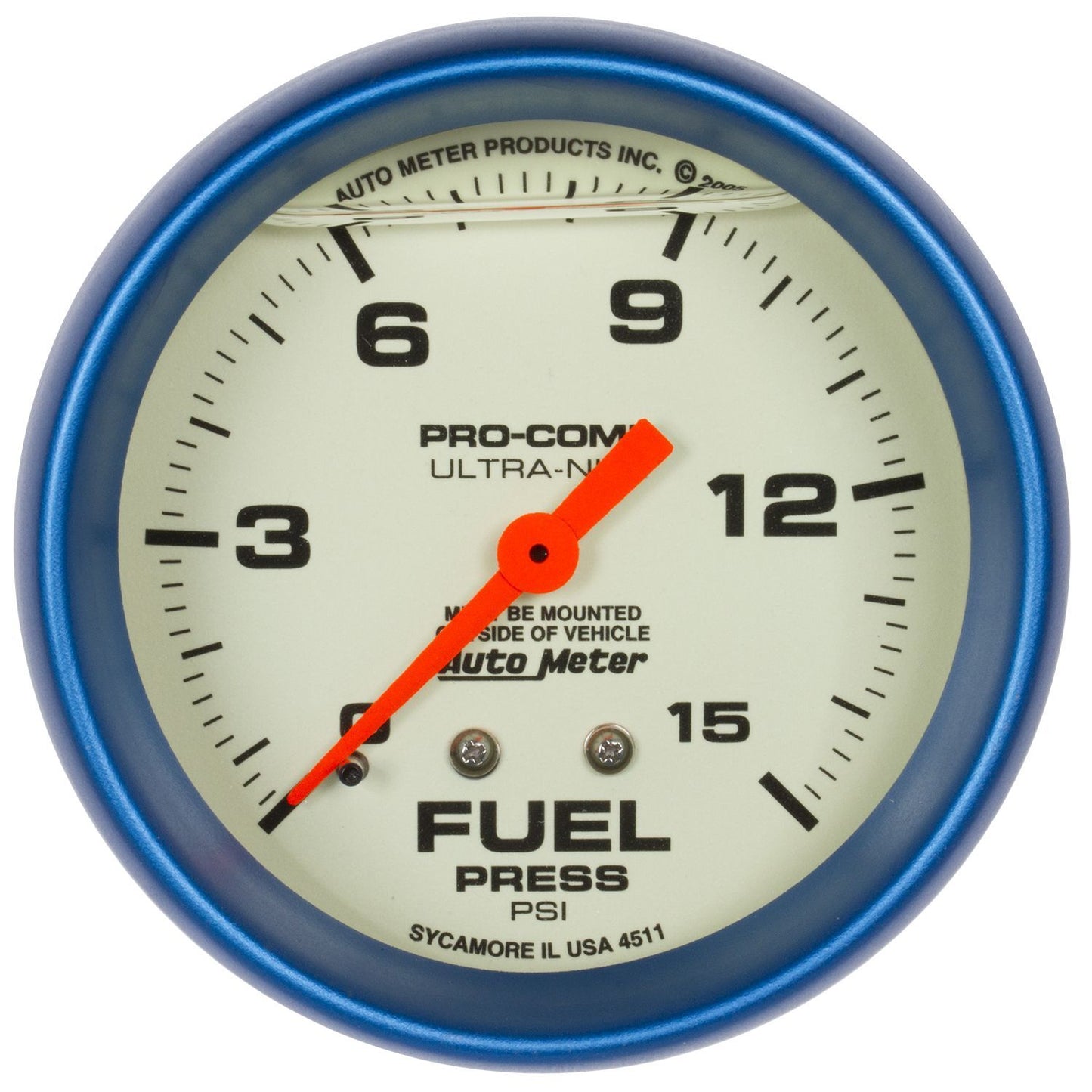 Fuel Pressure Gauge - Ultra-Nite - 0-15 psi - Mechanical - Analog - Full Sweep - 2-5/8 in Diameter - Liquid Filled - White Face - Each